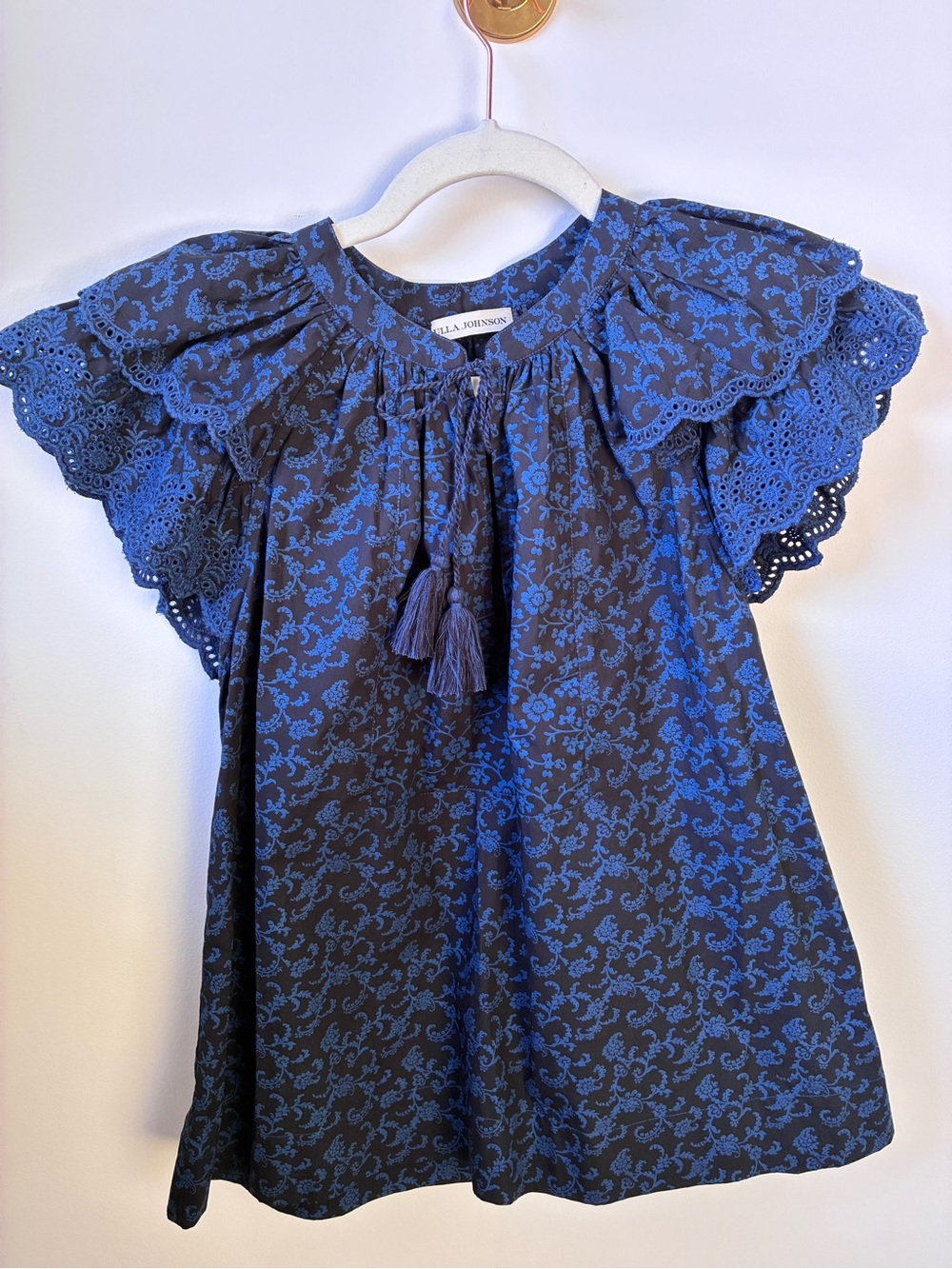 Ulla Johnson Navy and Cobalt Blue Floral Peasant Blouse